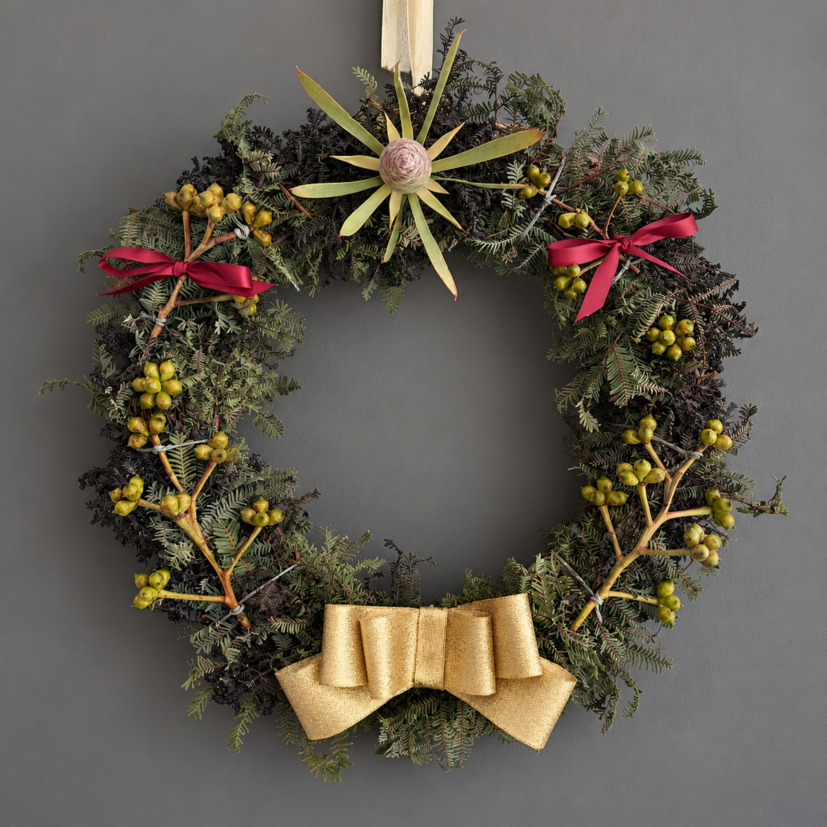 Australian Native Dried Christmas Wreath with Gold Bow